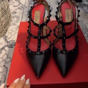 Valentino Black Pointed-Toe Rockstud Strappy Pump with Red Insole